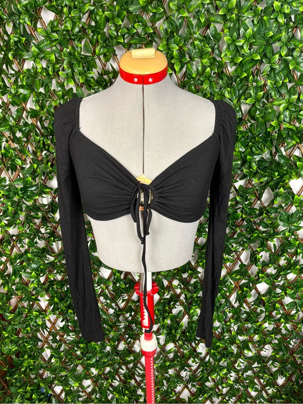 Garage Black Tie Front Long Sleeve Crop Top